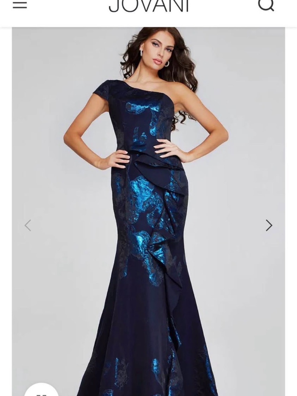 Jovani Navy One-Shoulder Gown with Blue Metallic Floral